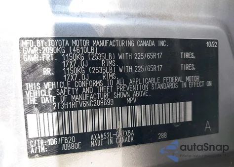 2022 Toyota Rav4 Le из США, поврежденный, VIN 2T3H1RFV6NC208699